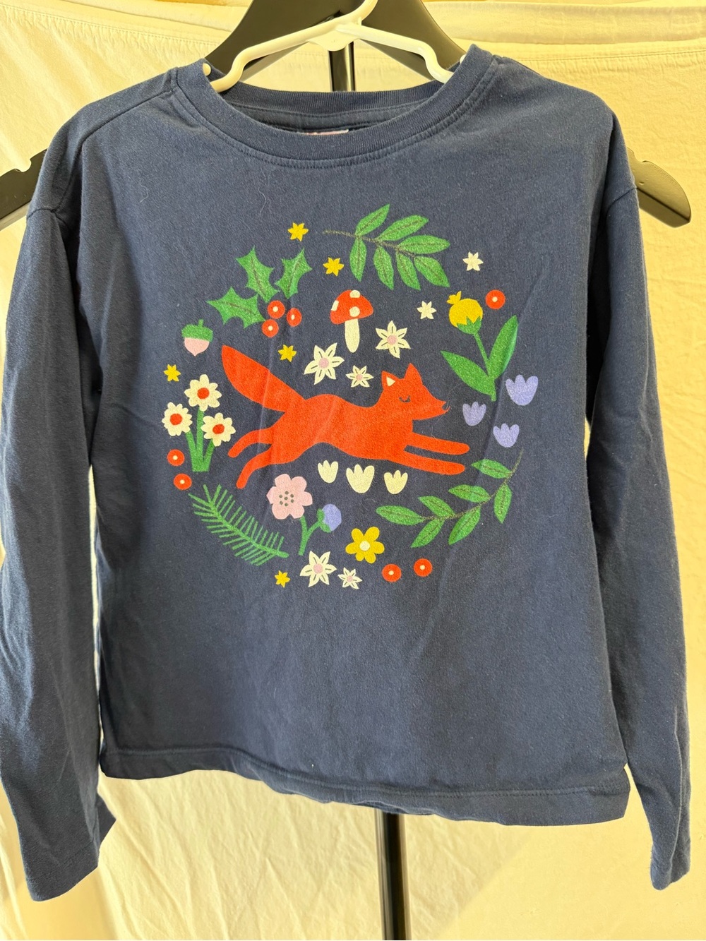 Hanna Andersson Navy Long-Sleeve Tee with Red Fox and Floral Wreath